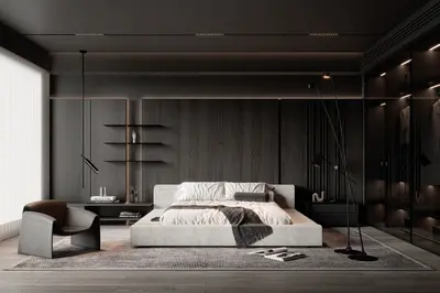 Minimalist Dark Tone Bedroom with Integrated Lighting 3d model