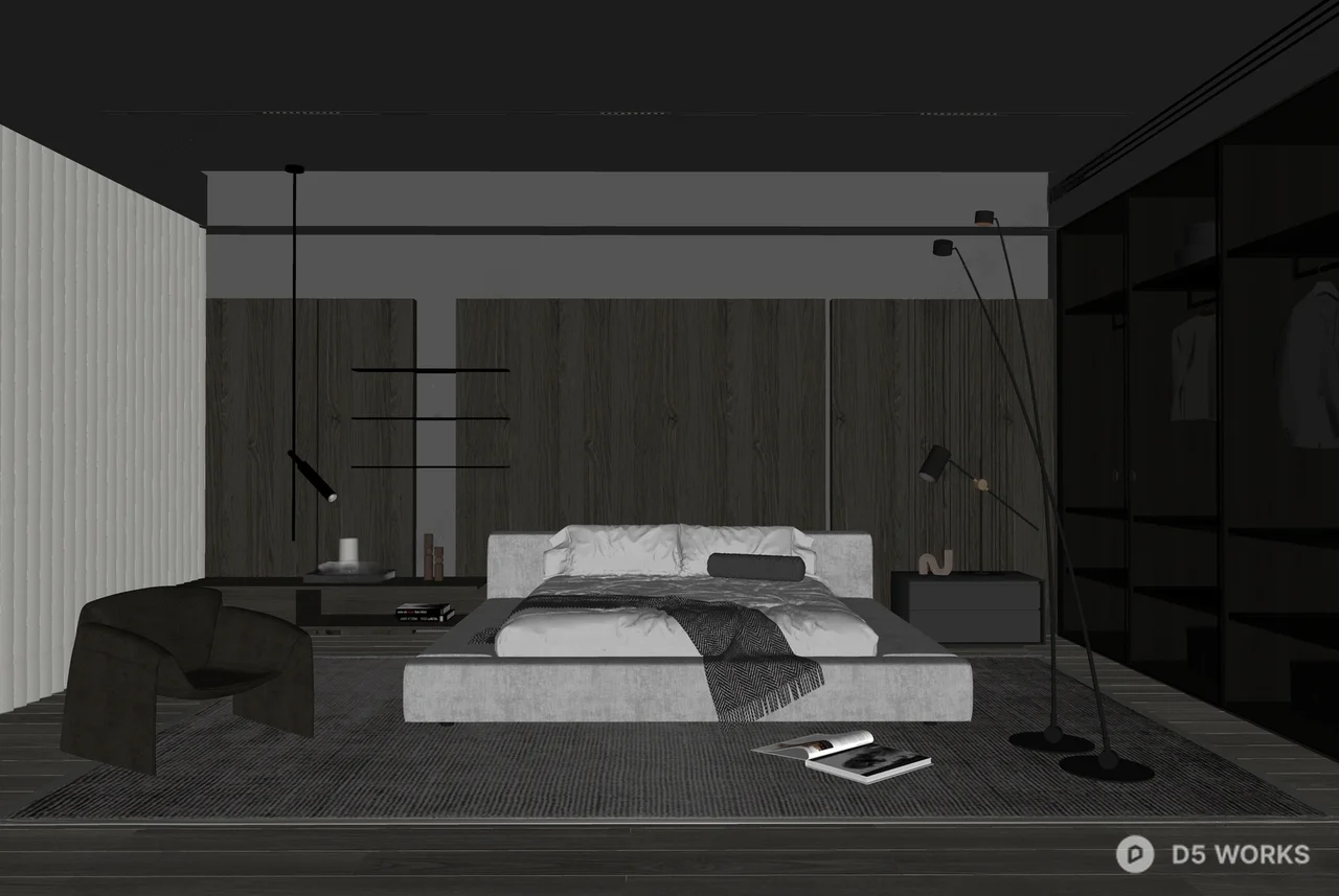 Minimalist Dark Tone Bedroom with Integrated Lighting 3d model thumbnail 2