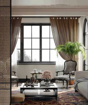 Classic Living Room with Velvet Curtains and Ornate Armchair 3d model