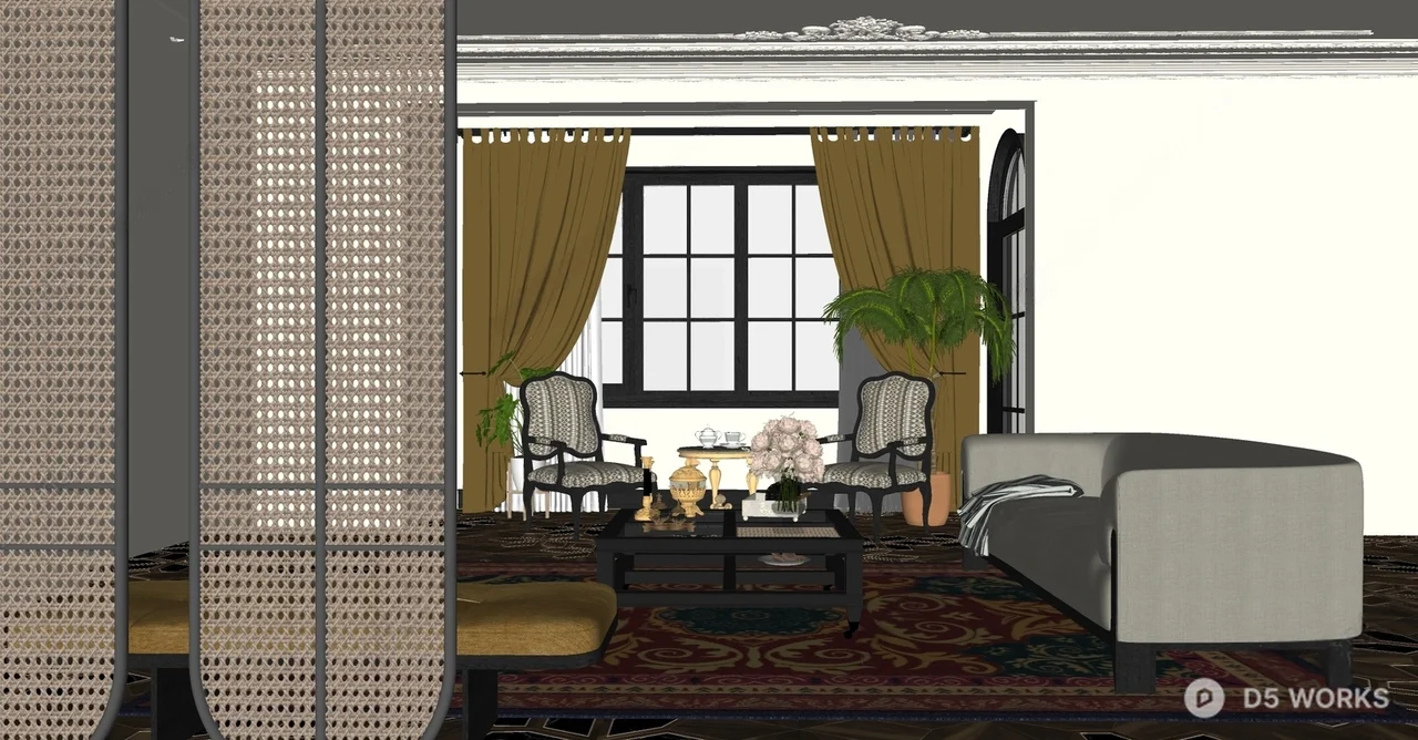 Classic Living Room with Velvet Curtains and Ornate Armchair 3d model thumbnail 2