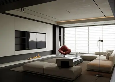 Minimalist Living Room with Linear Fireplace 3d model
