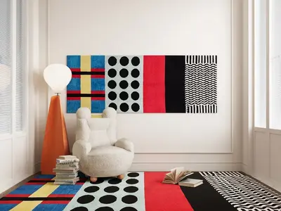 Modern Living Room with Geometric Art and Color Block Rug 3d model