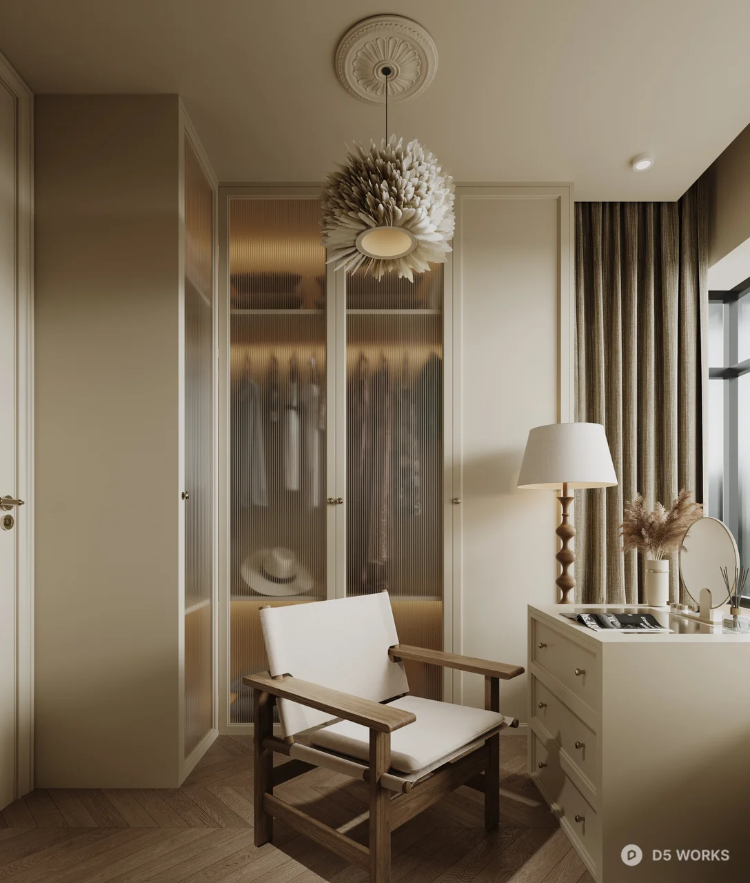 Minimalist Walk-In Closet With Wooden Chair And Pendant Light 3d model - Image 1