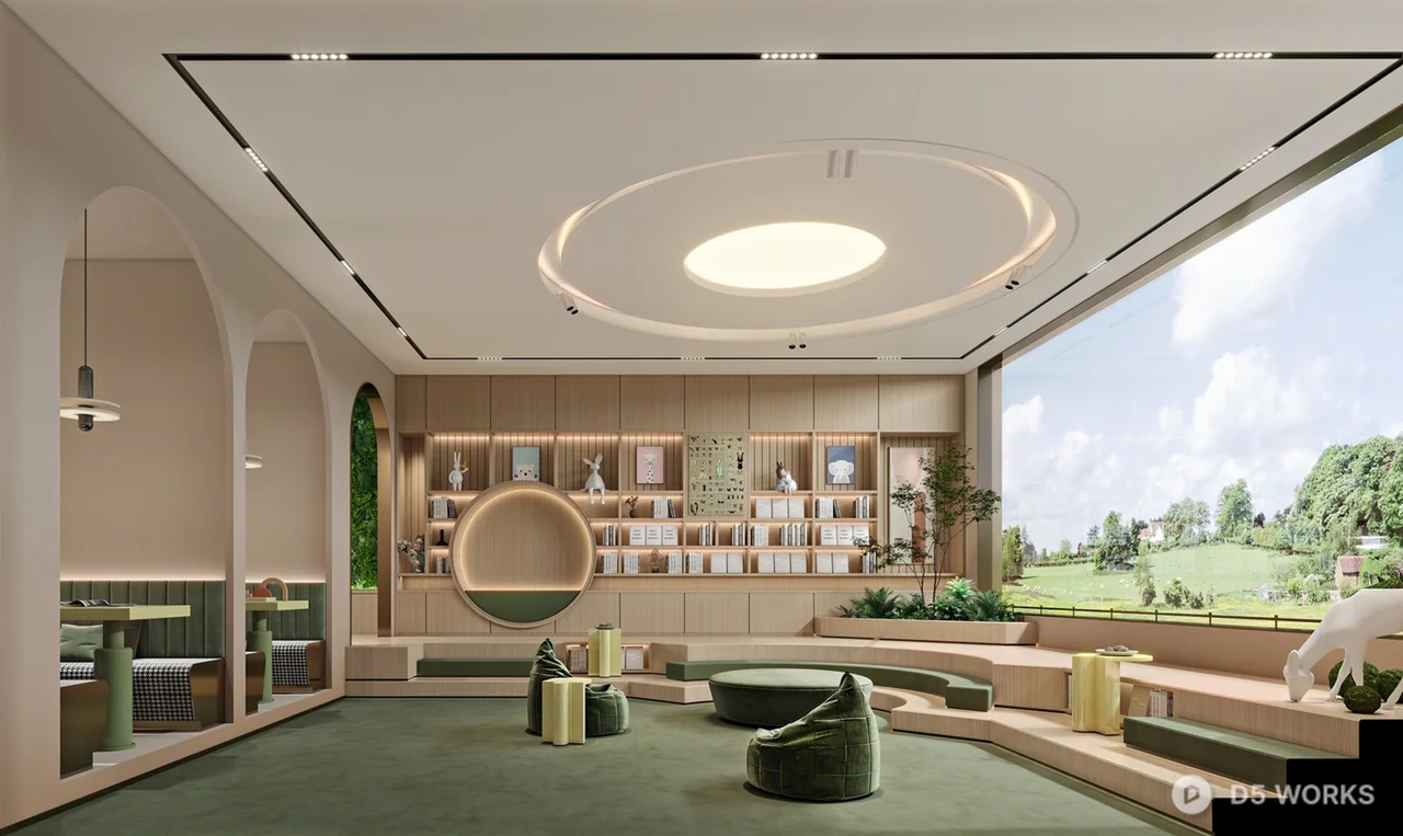 Modern Activity Room with Circular Lighting and Greenery 3d model - Image 1