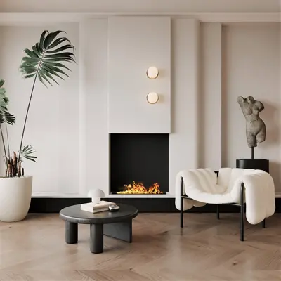 Minimalist Living Room with Fireplace and Plant 3d model