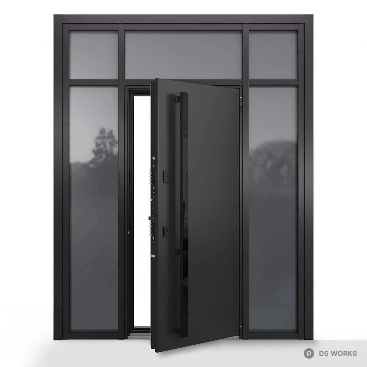Matte Black Pivot Door With Frosted Glass Panels 3d model - Image 1