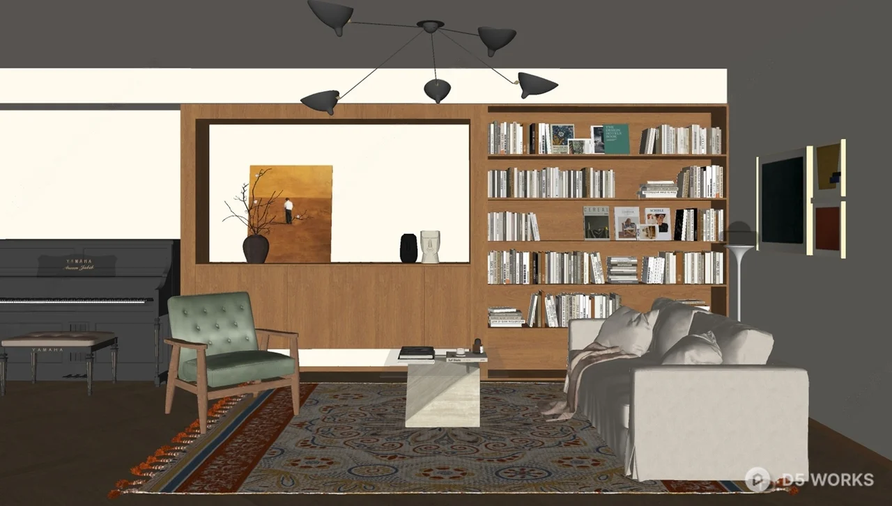 Organic Modern Living Room with Bookshelf Accent 3d model thumbnail 2