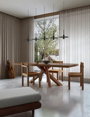 Minimalist Villa Dining Room with Wooden Table and Pendant Lights 3d model