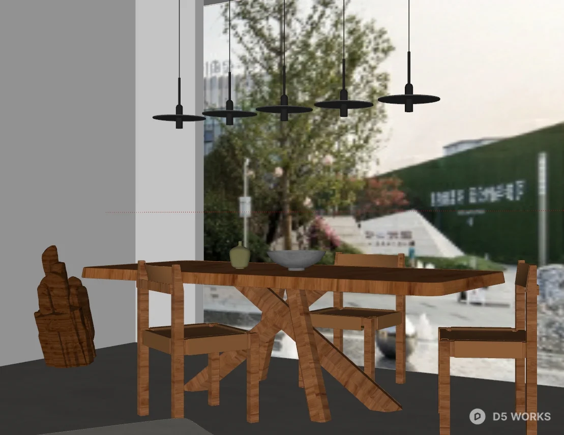 Minimalist Villa Dining Room with Wooden Table and Pendant Lights 3d model thumbnail 2