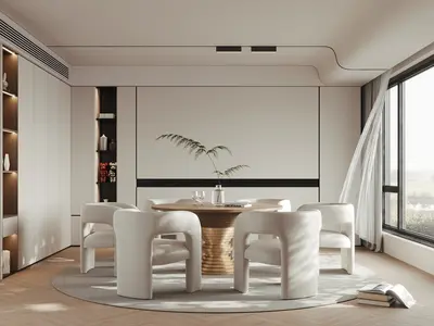 Minimalist Dining Room With Round Table And Curved Chairs 3d model