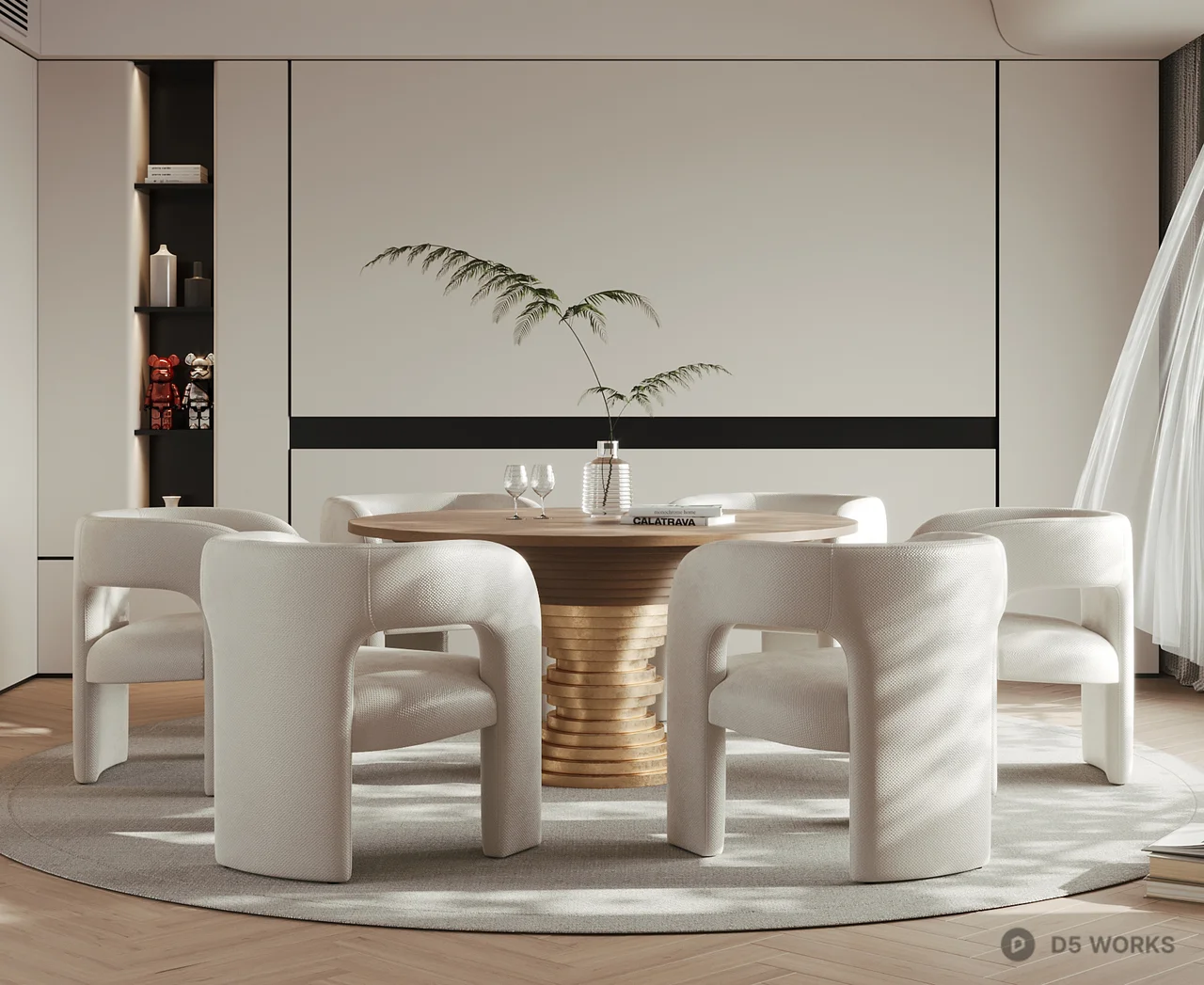 Minimalist Dining Room With Round Table And Curved Chairs 3d model thumbnail 2