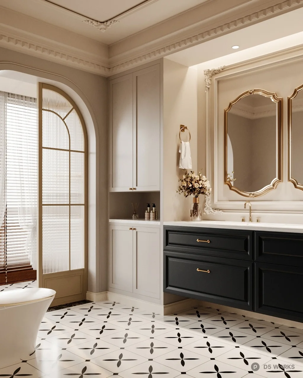 Classic Elegance Bathroom With Arched Window And Black Vanity 3d model - Image 1