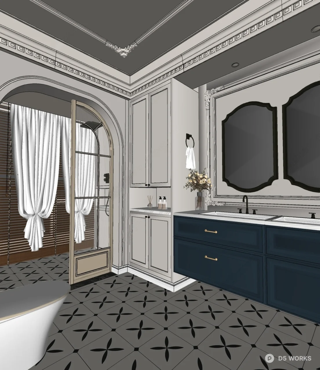 Classic Elegance Bathroom With Arched Window And Black Vanity 3d model thumbnail 2