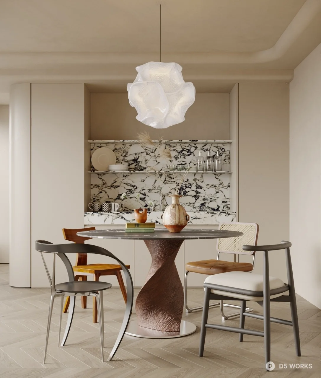 Modern Dining Room with Sculptural Pendant Light 3d model - Image 1