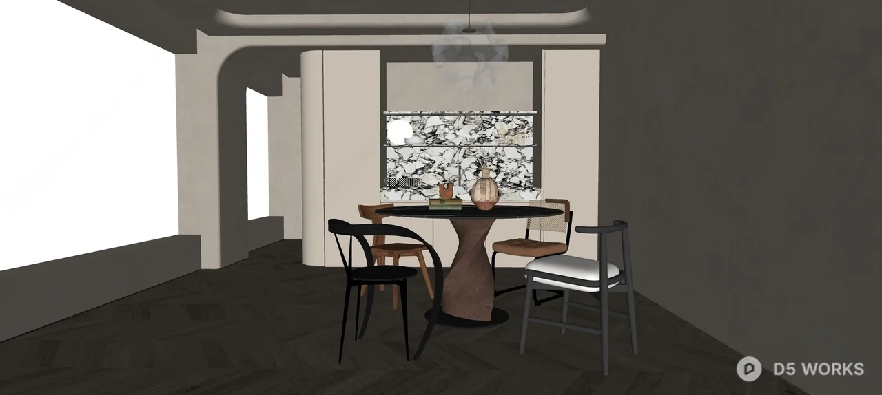 Modern Dining Room with Sculptural Pendant Light 3d model thumbnail 2