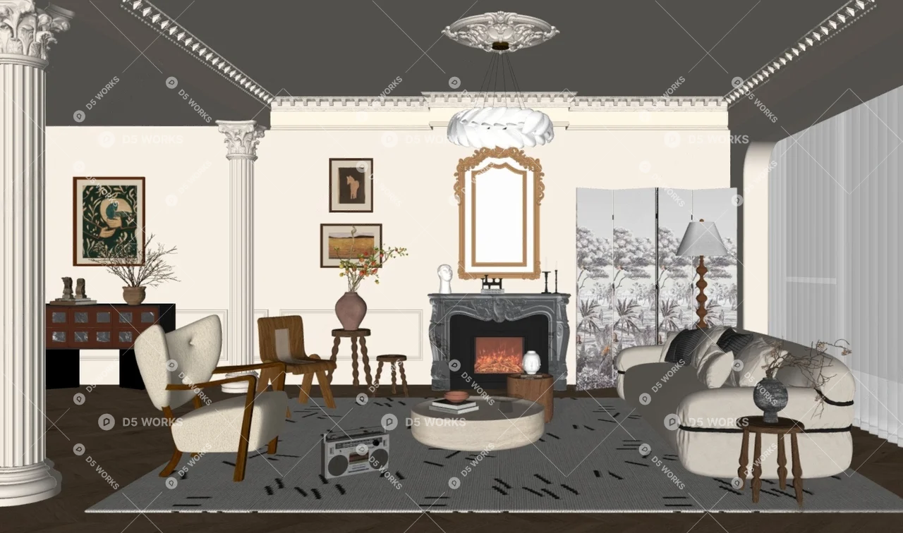 Mid-Century Modern Home Living Room 3d model thumbnail 2