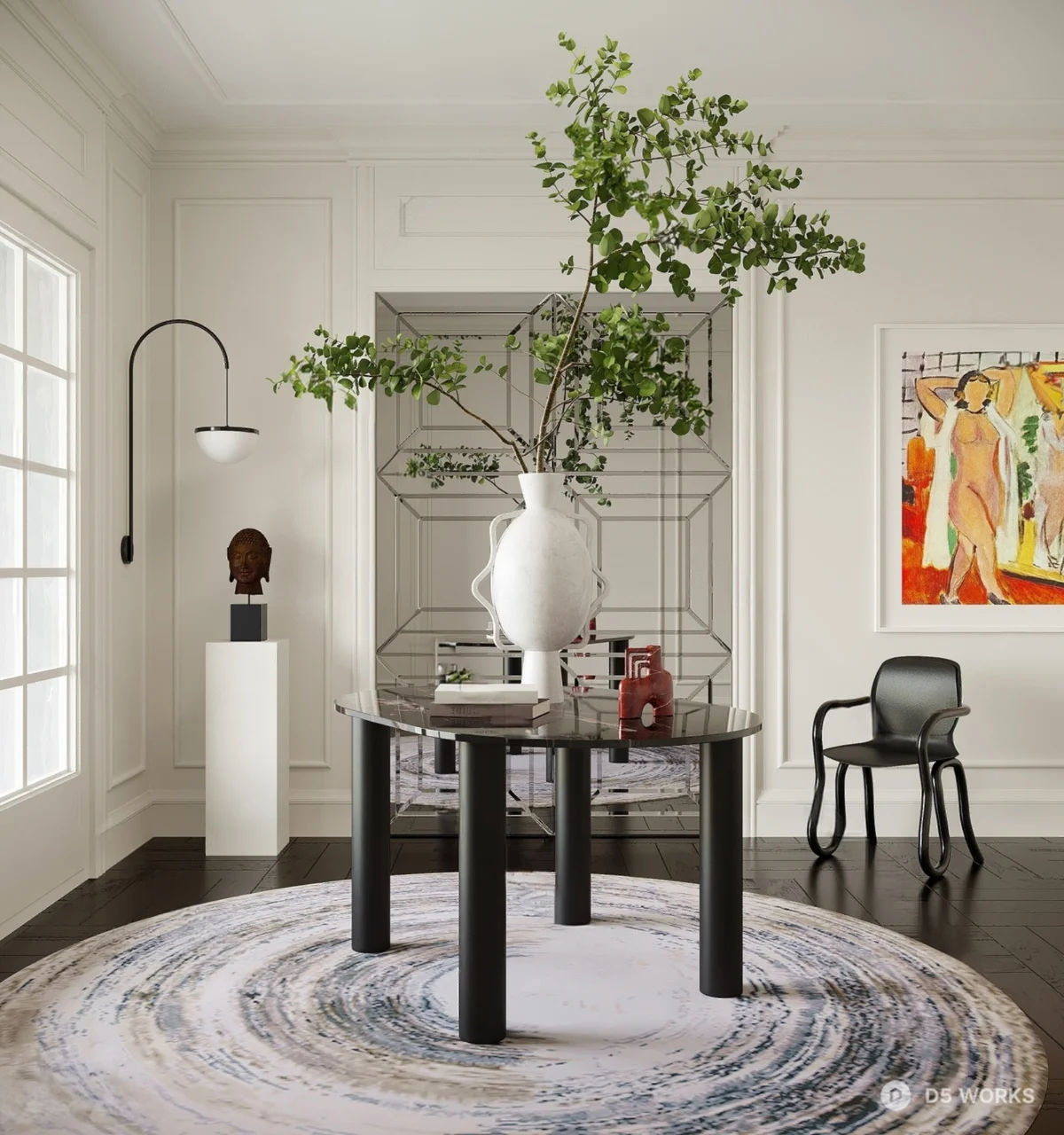 Minimalist Living Room with Round Rug and Glass Table 3d model - Image 1