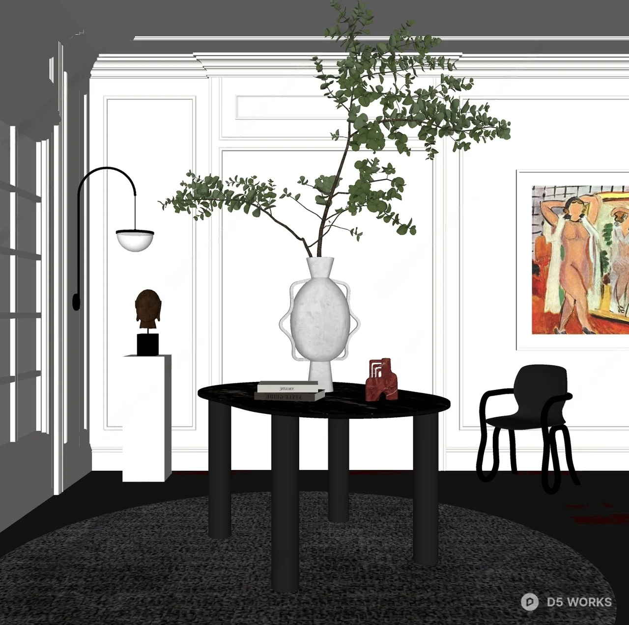 Minimalist Living Room with Round Rug and Glass Table 3d model thumbnail 2