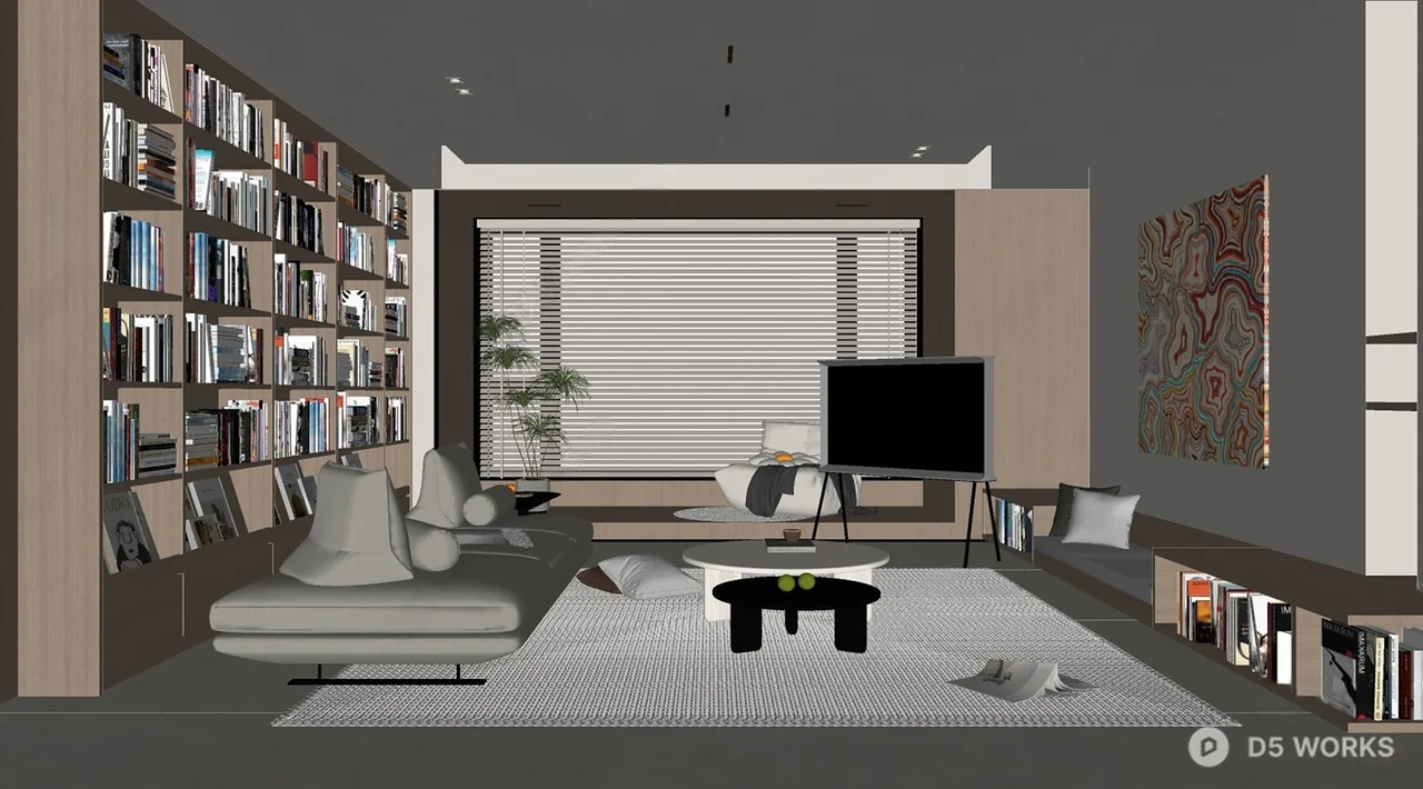 Minimalist Living Room with Bookshelf Wall 3d model thumbnail 2