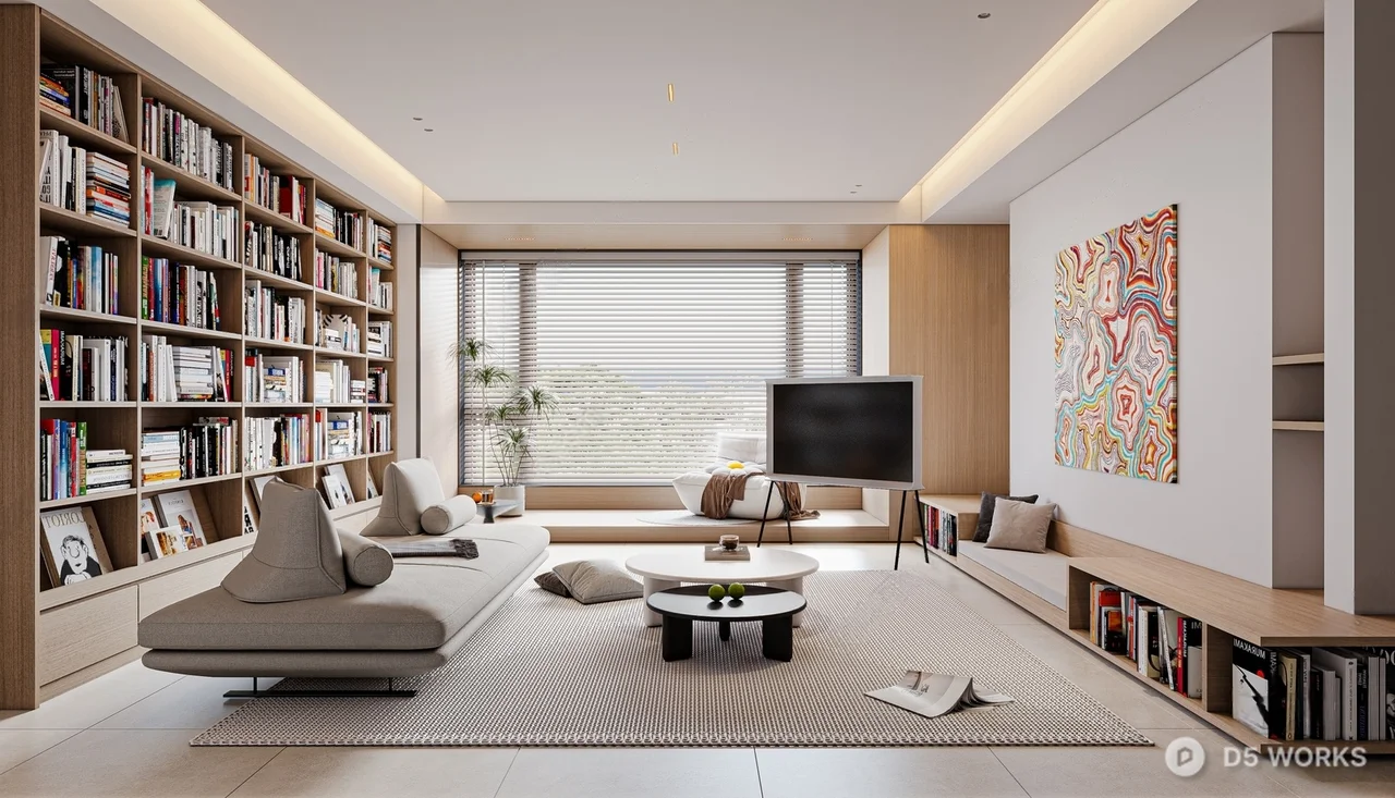 Minimalist Living Room with Bookshelf Wall 3d model - Image 1