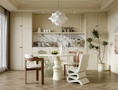 Elegant Modern Dining Room With Marble Backsplash And Sculptural Lighting 3d model