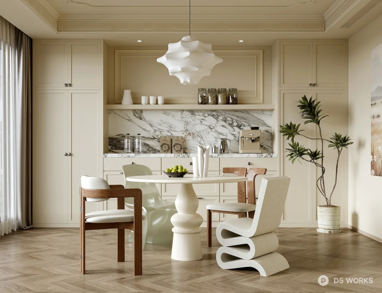 Elegant Modern Dining Room With Marble Backsplash And Sculptural Lighting 3d model - Image 1