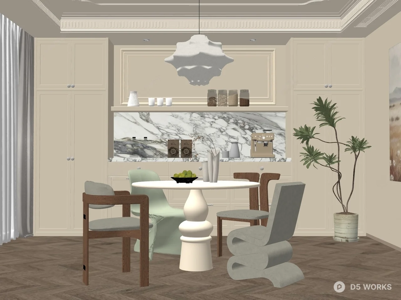 Elegant Modern Dining Room With Marble Backsplash And Sculptural Lighting 3d model thumbnail 2