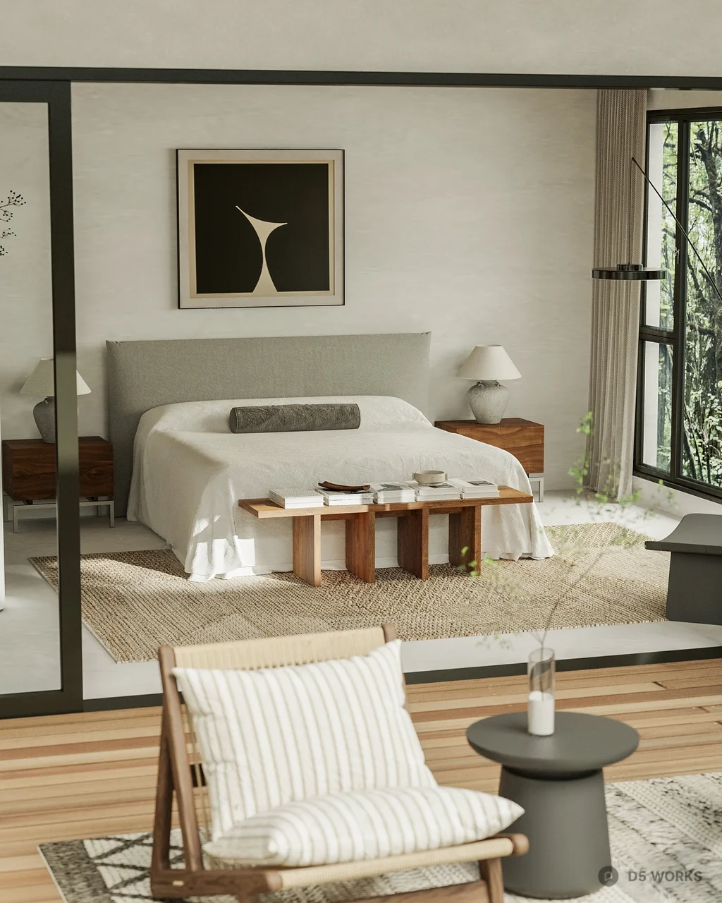 Minimalist Bedroom with Wooden Floor and Neutral Tones 3d model - Image 1
