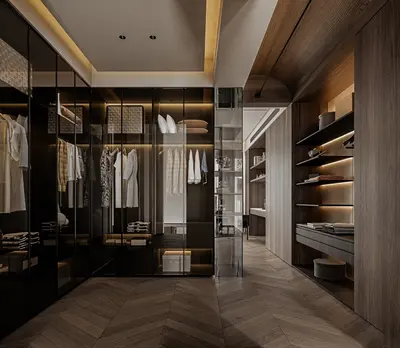 Modern Walk In Closet With Herringbone Flooring 3d model