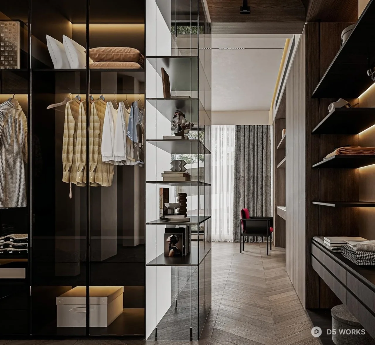 Modern Walk In Closet With Herringbone Flooring 3d model thumbnail 2