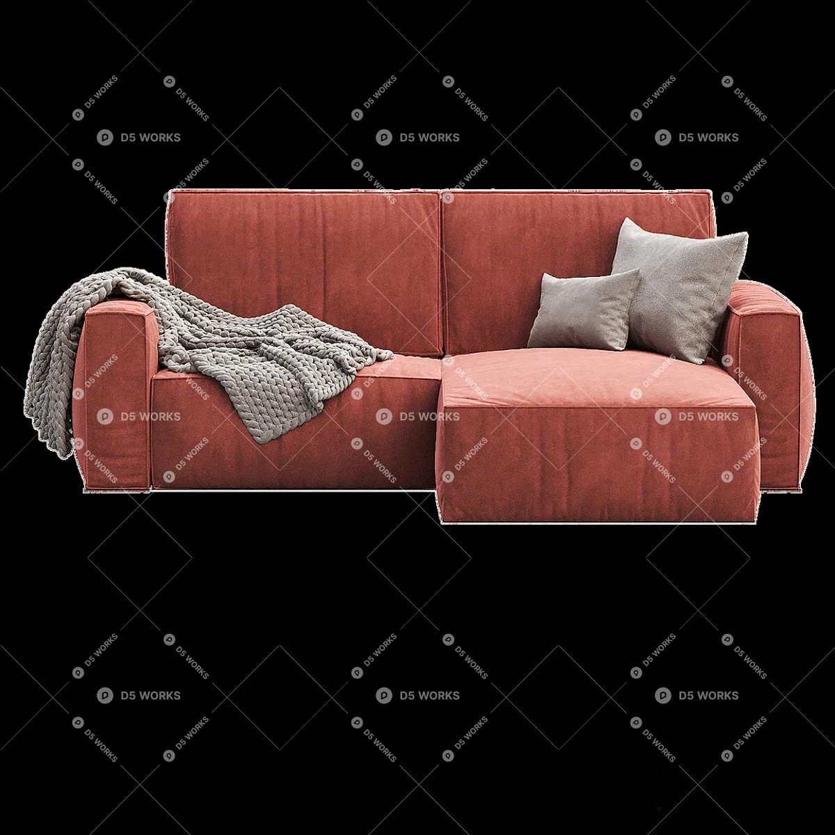 Velvet Sectional Sofa With Throw Blanket And Cushions 3d model thumbnail 2