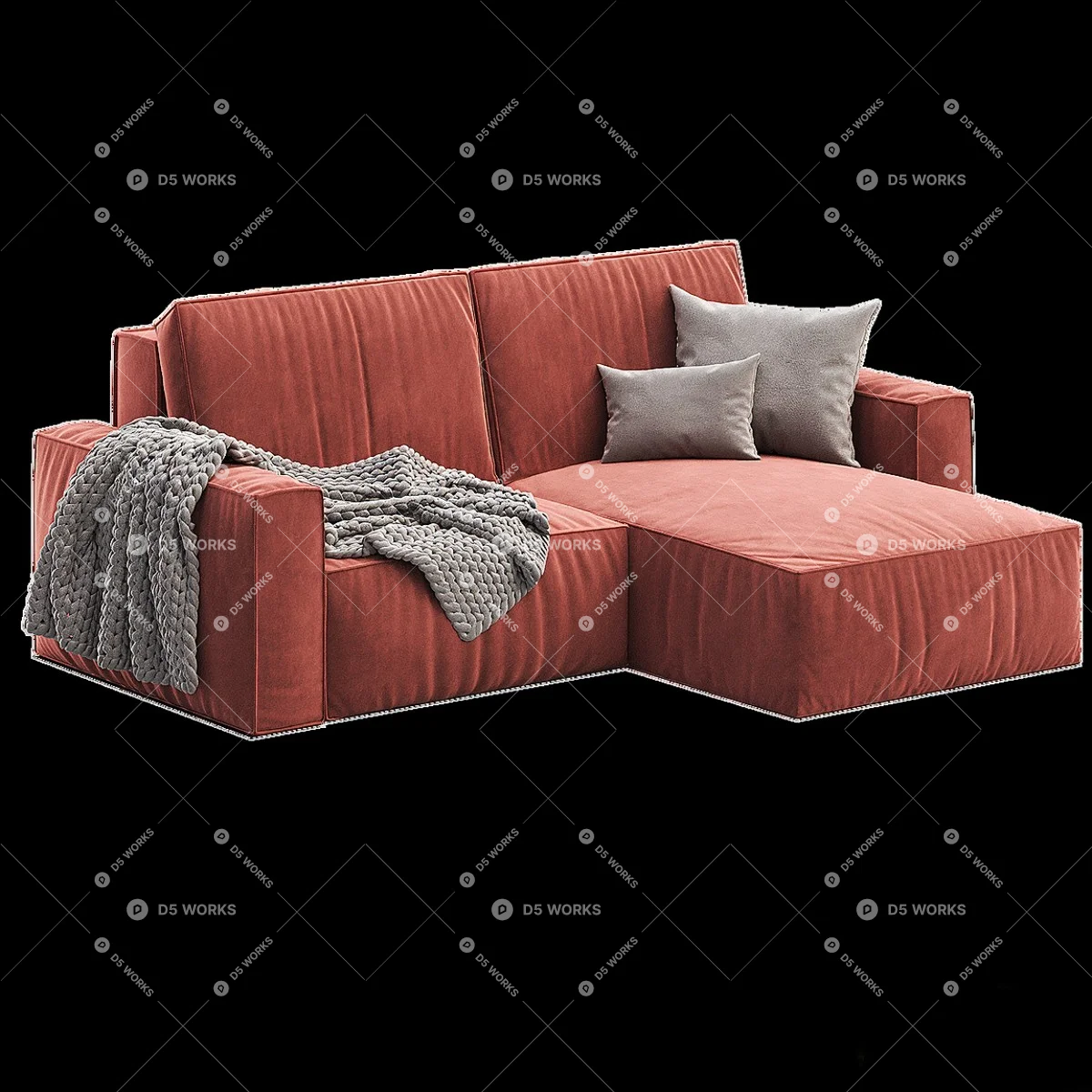 Velvet Sectional Sofa With Throw Blanket And Cushions 3d model thumbnail 3
