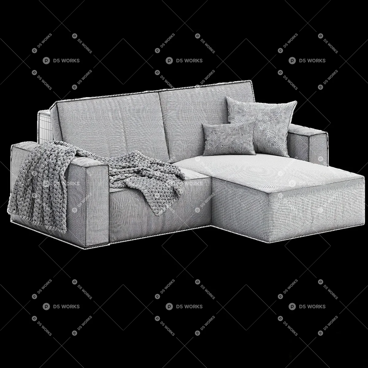 Velvet Sectional Sofa With Throw Blanket And Cushions 3d model thumbnail 5