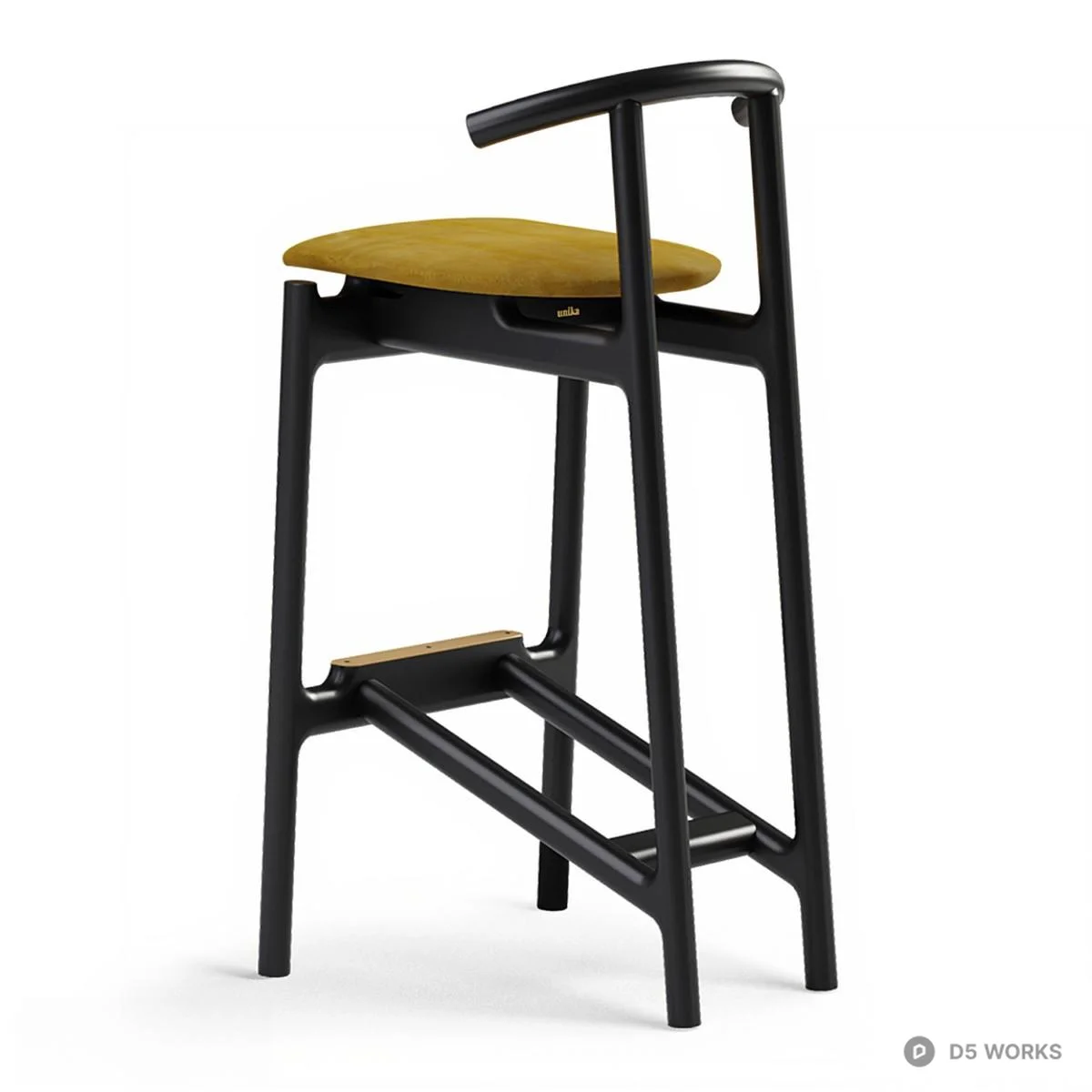 Minimalist Black Wood Bar Stool With Yellow Upholstered Seat 3d model thumbnail 2