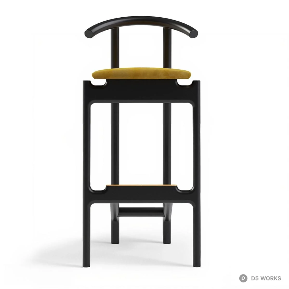 Minimalist Black Wood Bar Stool With Yellow Upholstered Seat 3d model thumbnail 3