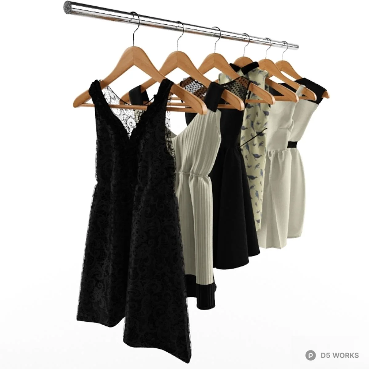 Hanging Dresses On Wooden Hangers 3d model - Image 1