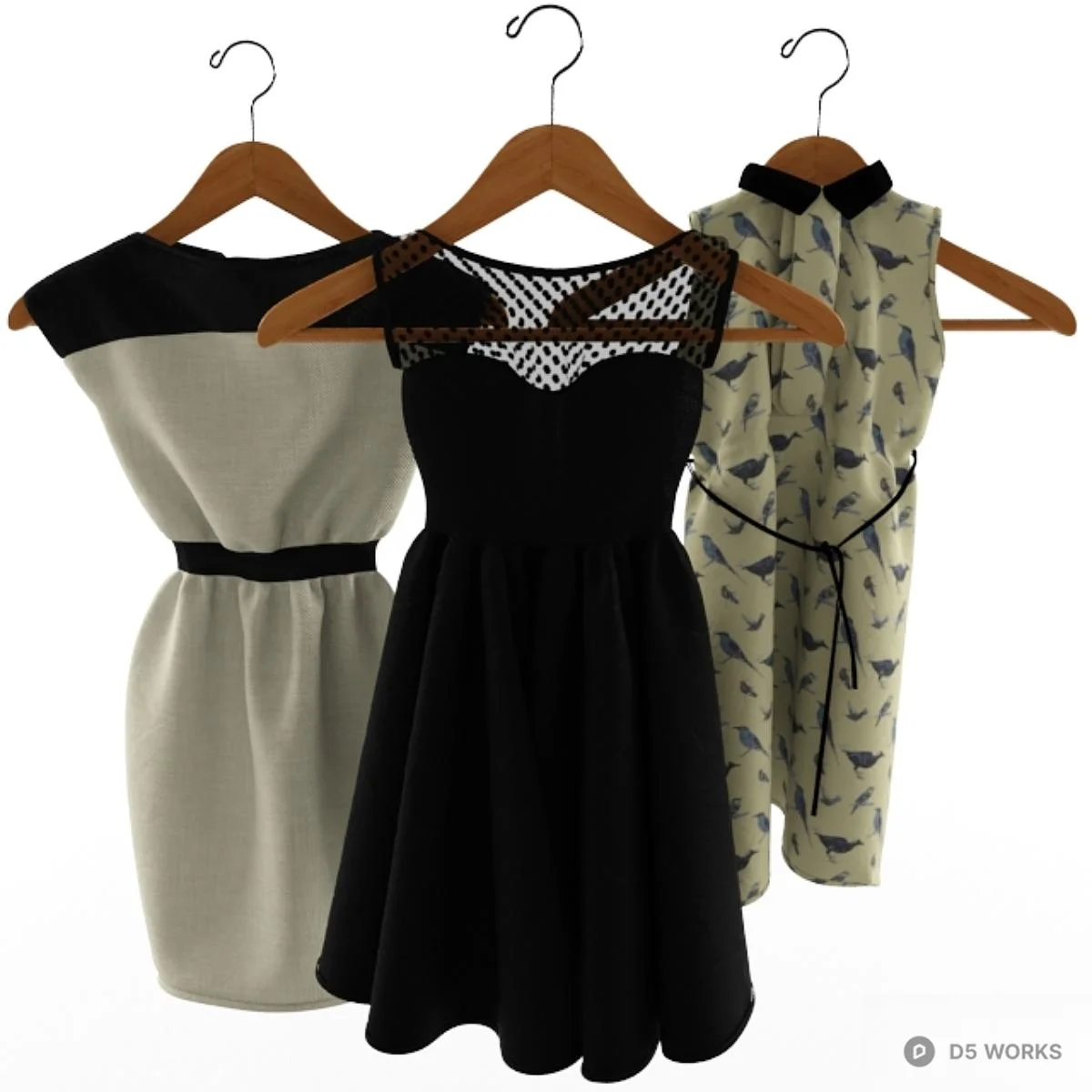 Hanging Dresses On Wooden Hangers 3d model thumbnail 3