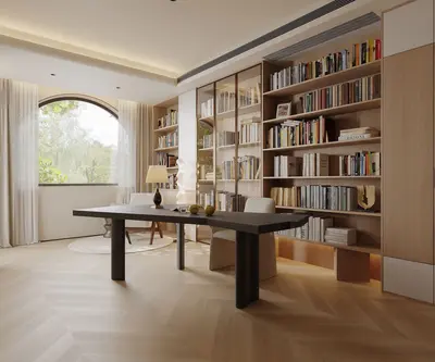 Minimalist Home Study With Bookshelf Wall And Arched Window 3d model