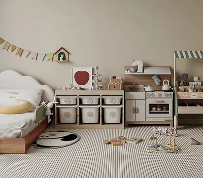 Scandinavian Style Children's Room With Play Kitchen And Storage Units 3d model