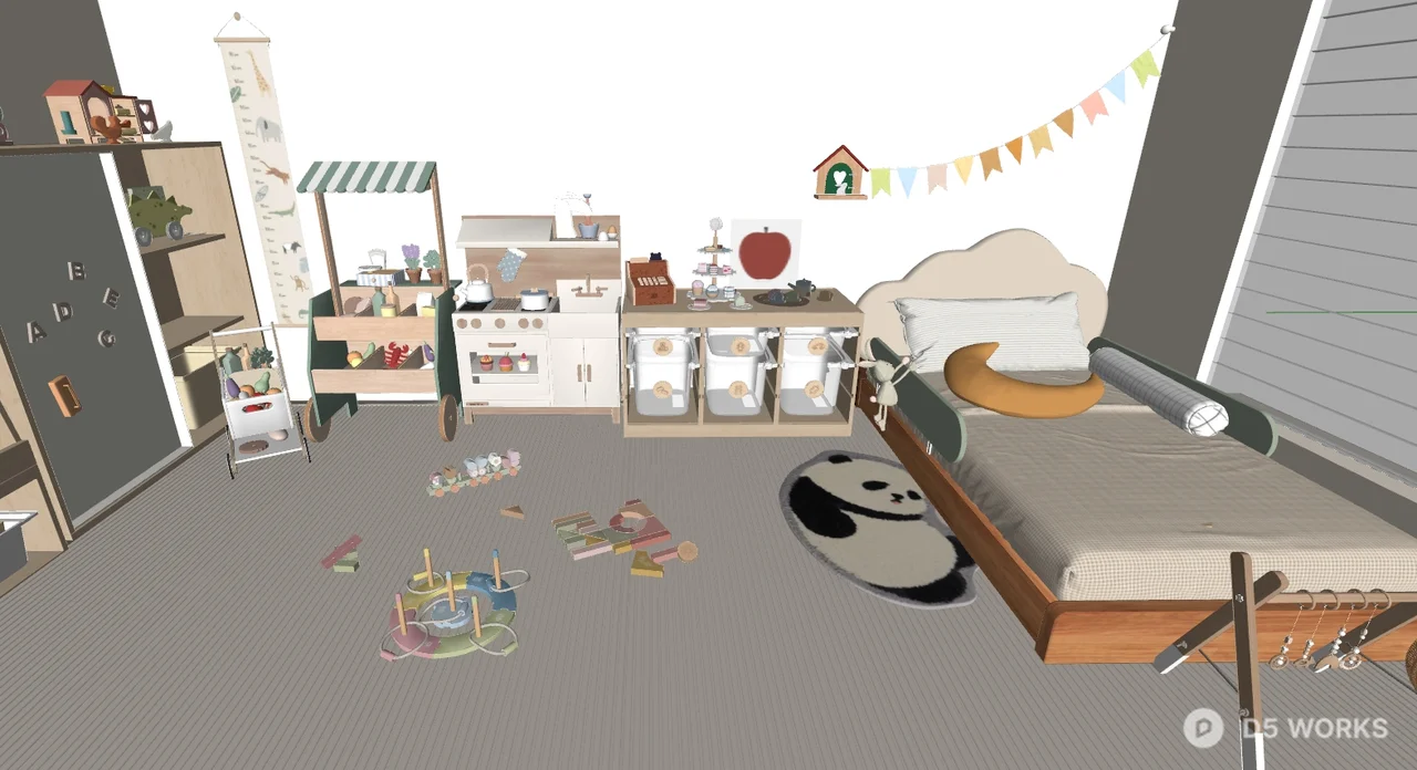 Scandinavian Style Children's Room With Play Kitchen And Storage Units 3d model thumbnail 2