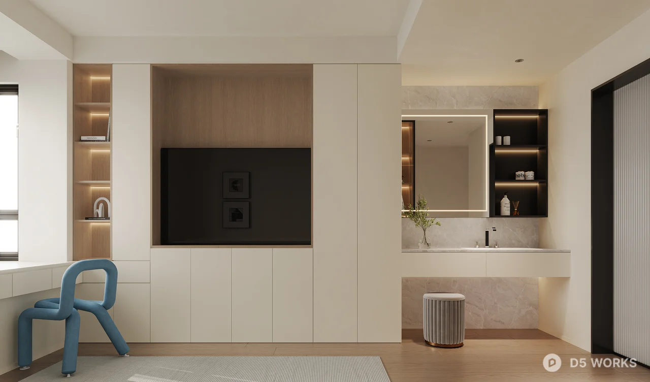 Minimalist Bedroom with Integrated Shelving 3d model thumbnail 2