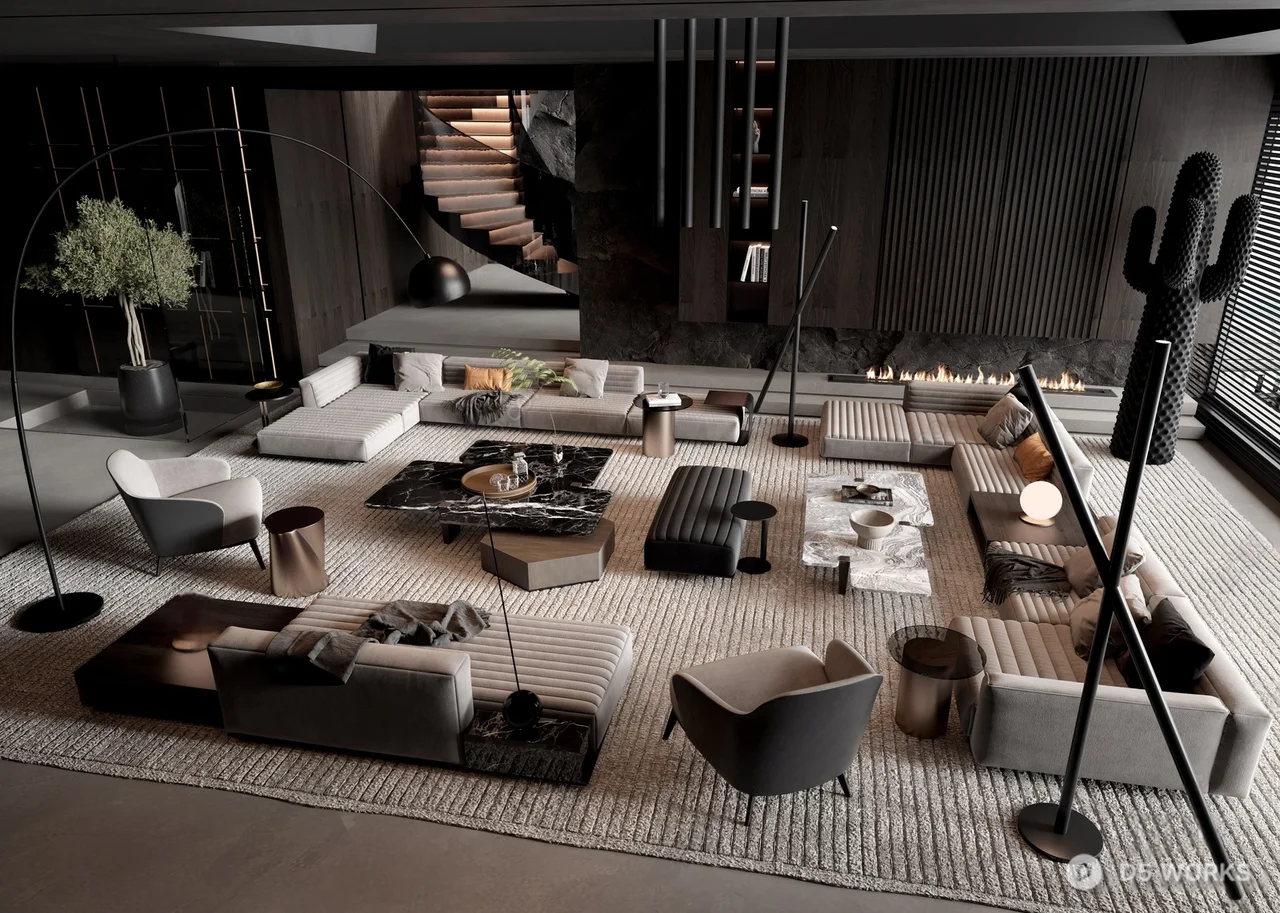 Modern Minimalist Living Room with Modular Sofa and Fire Pit 3d model - Image 1