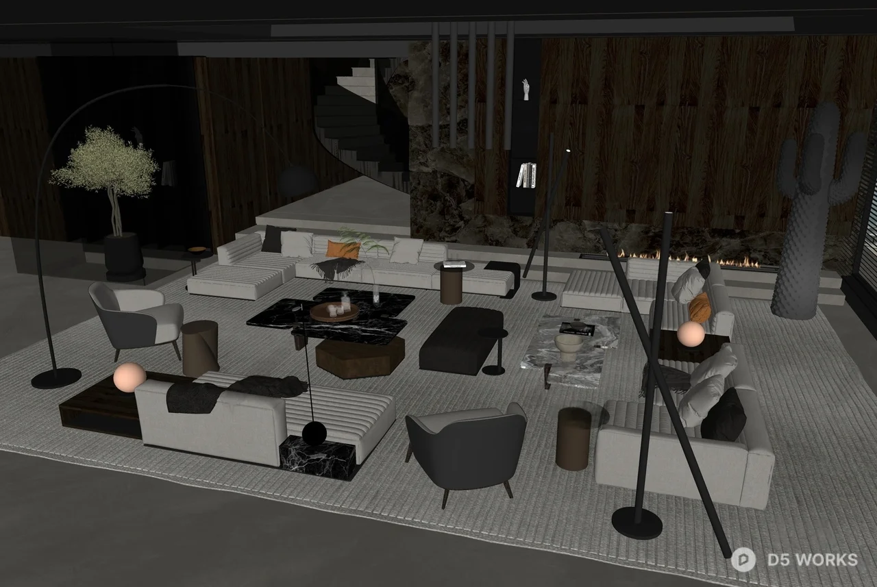 Modern Minimalist Living Room with Modular Sofa and Fire Pit 3d model thumbnail 2