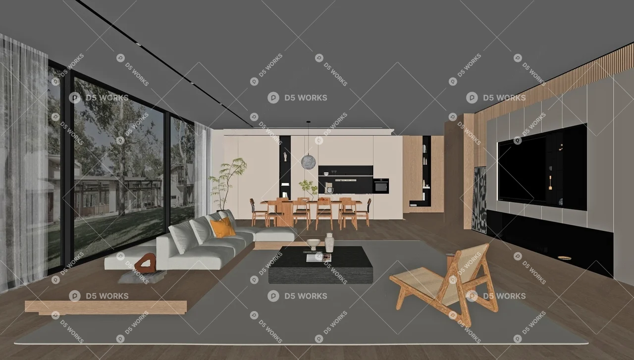 Modern Living & Dining Room 3d model thumbnail 2