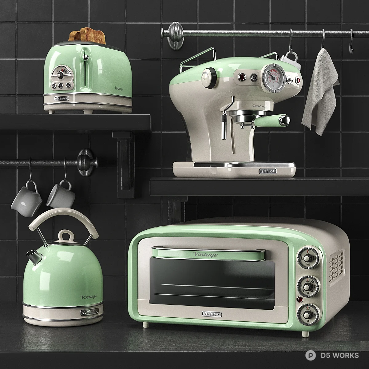 Retro Mint Green Appliance Set 3d model - Image 1