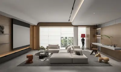 Modern Minimalist Living Room with Integrated Media Wall 3d model
