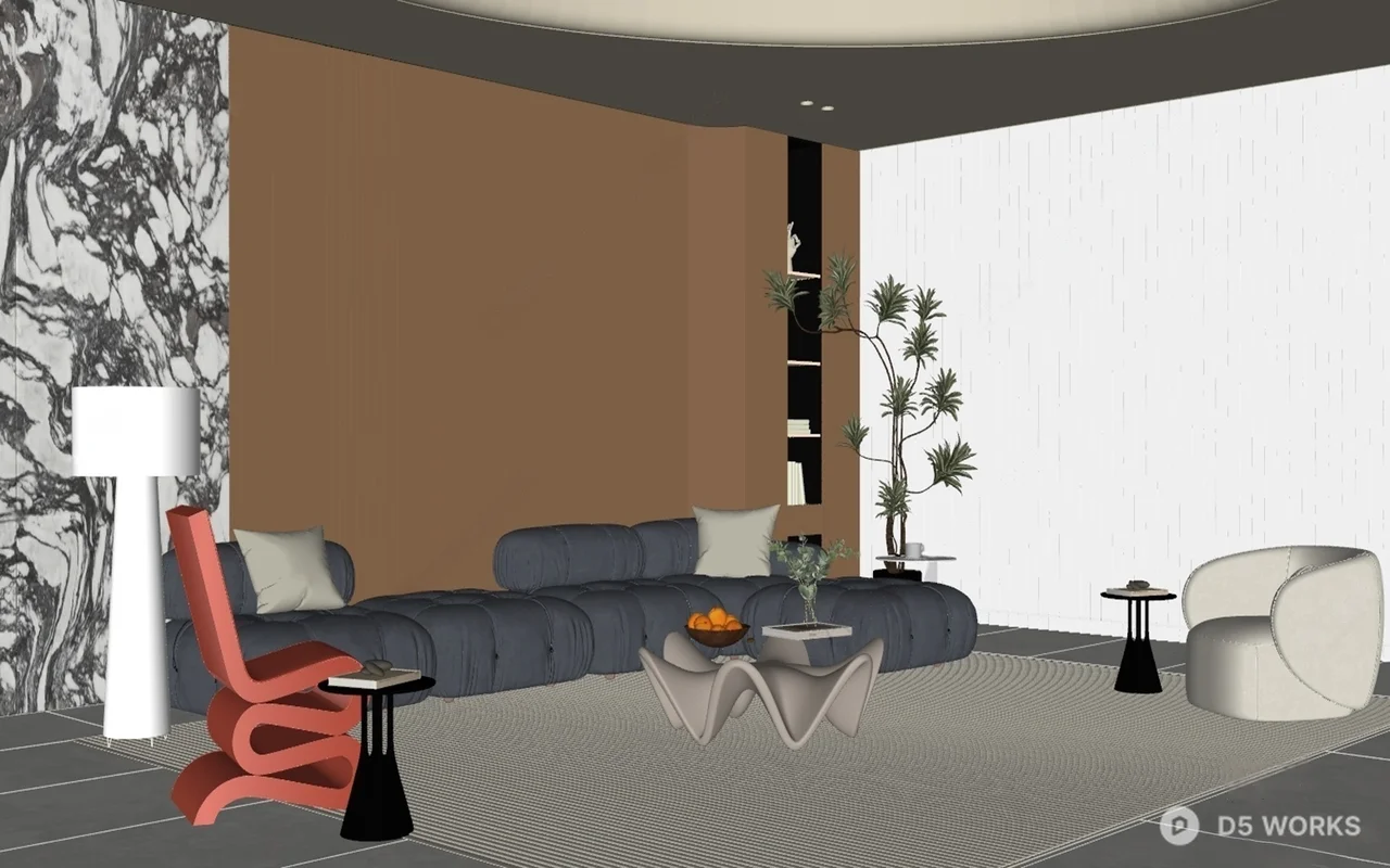 Modern Minimalist Living Room with Curved Ceiling Light 3d model thumbnail 2