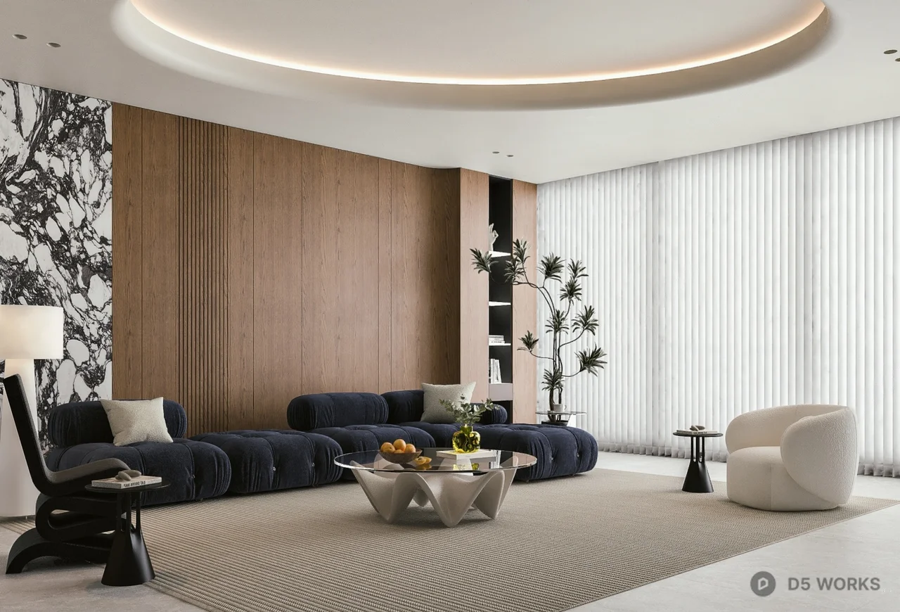 Modern Minimalist Living Room with Curved Ceiling Light 3d model - Image 1
