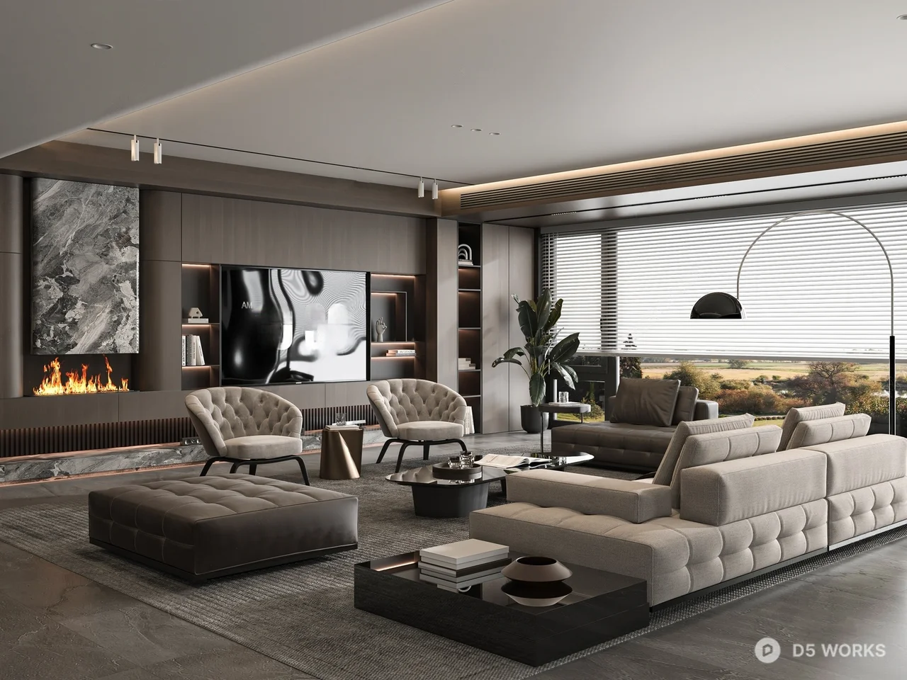 Modern Minimalist Living Room with Fireplace and Panoramic View 3d model - Image 1