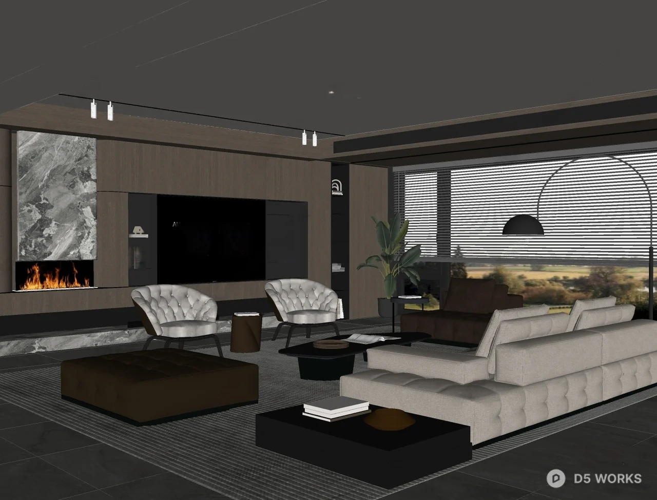 Modern Minimalist Living Room with Fireplace and Panoramic View 3d model thumbnail 2